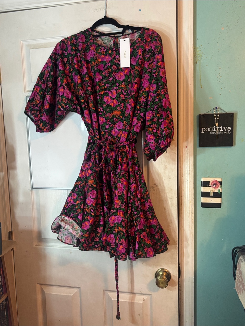 Aakaa Black Midi Dress with Pink and Green Floral Print Size Medium